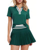 Women 2 Pieces Athletic Skirt Set Outfits V Neck Polo Shirts High Waisted Pleated Tennis Skirts Golf Pickball Dress