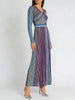 Hit Color Striped Spliced Bright Silk Dresses for Women V Neck Long Sleeve High Waist Knit Dress Female