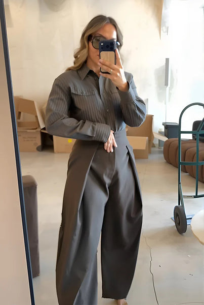 Striped Shirt Pants Set Women Elegant Lapel Button Long Sleeve Blouse Straigth Wide Leg Trousers Spring Office Lady Outfits