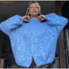 Women Fuzzy Sequin Knit Zip Up Cardigan Stand Collar Long Sleeve Oversized Loose Sweater Jacket Streetwear Outerwear