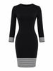 Womens Crew Neck Long Sleeve Fall Knee Length Sheath Dress with Striped Patchwork Pencil Skirt for Casual Office Wear