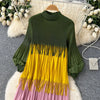 Tassel Patchwok Color Block Dress for Women Pleated Puff Sleeve Mid-calf Dresses Female Autumn