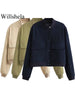Women Solid Bomber Jackets Coat With Pockets V-Neck Single Breasted Long Sleeves Female Chic Lady Outfits