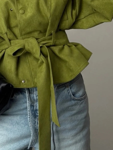 Lace Up Suede Jacket Women Lapel Full Sleeve Single-breasted Pocket Cropped Coat Spring Lady Daily Street Outerwear