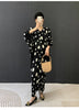 Balck Dot Printting Pleated Women's Dress V Collar Batwing Sleeve Mid-Length Mermaid Dresses 2DB6625