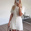 White Elegant Knitted Mini Dress For Women Metal Button Sexy Slim Rib Sweater Dress Holiday Party Outfits Autumn