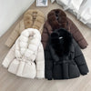 Winter Women Short Puffer Jacket Faux Fur Lapel Collar Waist Belt Design Solid Color Warm Elegant Daily Ladies Outerwear