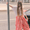 Vintage Contrast Striped Coat Pants Suit Women Chic Zipper Elastic Waist Button Lantern Trouser Suit Autumn Daily Street Outfit