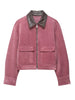 Women's Pink Corduroy Pu Leather Collar Cropped Jacket Long Sleeve Zipper Coat All-match Spring Autumn Outfit