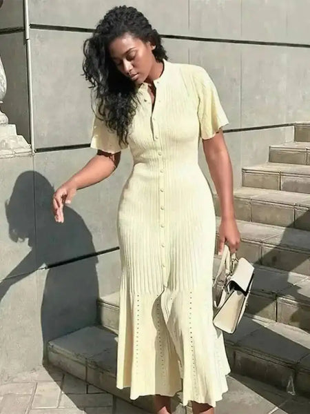 Elegant Knit Dress For Women White Slim O-neck Single Breasted Short Sleeve Long Dresses Female Spring Lady Robe T88X