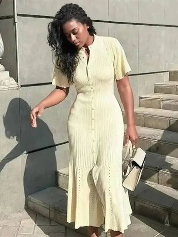 Elegant Knit Dress For Women White Slim O-neck Single Breasted Short Sleeve Long Dresses Female Spring Lady Robe T88X
