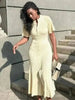Elegant Knit Dress For Women White Slim O-neck Single Breasted Short Sleeve Long Dresses Female Spring Lady Robe T88X