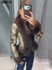 Printed Faux Fur Splicing Jacket Autumn Winter V-neck Slim Waist Cinched Full Sleeve Cropped Coat Women's Outwear