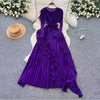 Women's French-Style Dress for Autumn - Ruffled, Pleated, Ruched, Asymmetrical with Tie Waist, Elegant Design