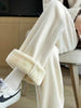Winter Warm Thicken Lambwool Fluff Wide Leg Pants Women Korean Casual Snow Wear Pantalone Baggy Plush Fleece Spodnie