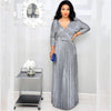 Elegant Women's Long Dress Long Sleeve Bronzing Pleated Dress With Belt High Waist V-neck Party Dresses Robe Femme