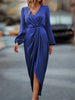 Elegant Cross-Neck Pleated Slit Dress - Puff Sleeve Asymmetrical Long Sleeve Gown for Women