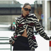 Zebra Striped Faux Fur Jacket Women Stand Collar Burgundy Velvet Patch Pocket Single Breasted Coat Autumn Street Jackets