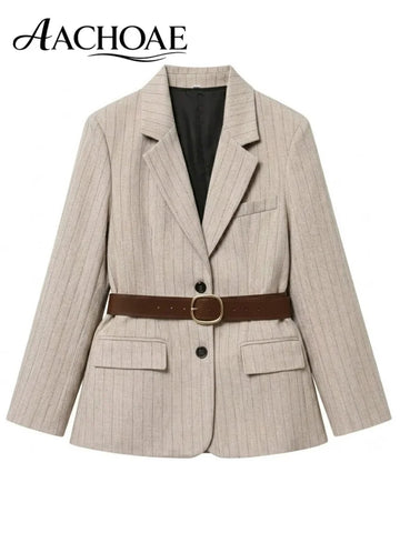 Women's Belted Stripe Blazer Jacket Structured Slim Suit Coat Office Chic Long Sleeve Tailored Waist Belt Jacket Women