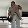 Turtleneck Short Checkered Coat Women Double Breasted Long Sleeve Outerwear Autumn Lady Daily Casual Jacket