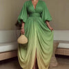 Women Gradient Evening Maxi Dress Deep V-Neck Puff Sleeve Bodycon Ruched Waist Flowy Slit Elegant Occasion Gown Party Dresses