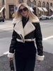 Women Faux Leather Thicken Short Jacket Vintage Front Zipper Lapel Long Sleeve Coat Winter Women Warm Casual Outerwear