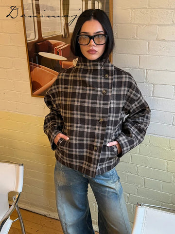 Vintage Stand Collar Plaid Coat Women's Single Breasted Long Sleeve Pocket Classic Jacket Autumn Lady Chic Streetwear