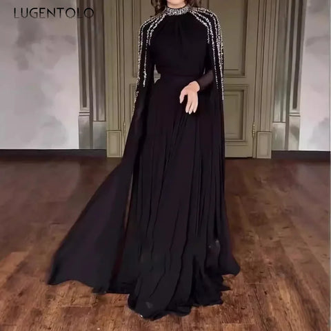 Women Robe Dress Drills Long Shawl Sleeves Chiffon Party Middle East Big Swing Lady Elegant Banquet Maxi Clothing