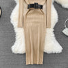 Elegant Turtleneck Long Sleeve Knit Soft Tight Pencil Dress with Belt Slim Warm Sweater Vestido Sexy Women Winter Robe