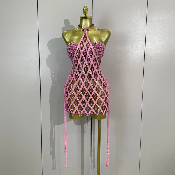 Women Sparkly Diamonds Pink Mesh Transparent Top Dress Two Piece Set Sexy Evening Party Celebrate Birthday PhotoShoot Stage Wear