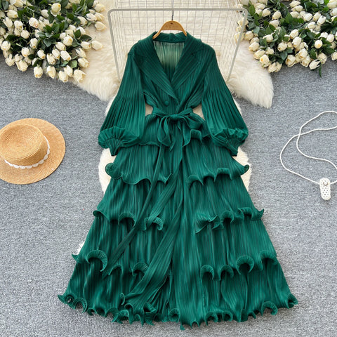 High End Party Ruffles Runway Dresses Women Lantern Sleeve Lace-up Loose Stretch Celebrity Beautiful Long Dress