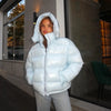 Solid Glossy Zipper Hooded Coats Women's Warm Elastic Waist Pleated Short Cotton Jacket Winter Lady High Street Outwear