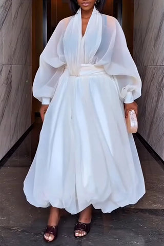 Women Deep V Lantern Long Sleeve Chiffon Maxi Dress Waist Tie Flowy A Line Dress Elegant Wedding Guest Evening Casual Dress