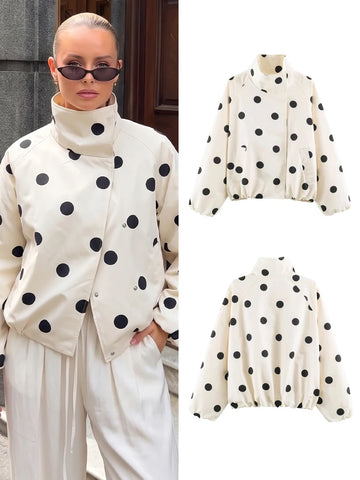 Women Chic Turtleneck Jacket Polka Dot Pattern Long Sleeve Loose Double Pockets Top Spring Autumn Casual Street Coat