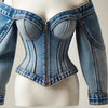 Goth Y2k Denim Top Women Elegant Off The Shoulder Zip Up Cardigan Short Slim Fit Long Sleeve Shirt Female Blouse Jacket