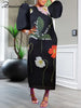 O-Neck Long Lantern Sleeve Loose Mid Dress Women Print Patchwork Pleated Gown Evening Holidays Festivals Birthday Robe