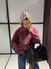 Women Stand Collar Leather Pilot Jacket Red Zipper Cropped Coat Casual Outerwear Streetwear