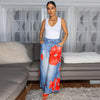 Women Fake Denim 3D floral Print Loose Wide Leg Jogger Pants Streetwear Active Hip Hop Sweatpants Trousers