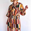 Spring Women's Casual Art Maxi Dress Colorful Patchwork Half Sleeves Shirt Collar Belted Waist Maxi Dress