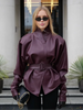 Lady Retro Burgundy Belted Leather Jacket Solid Stand Collar Long-sleeved Cropped Coat Women Daily Street Outerwear