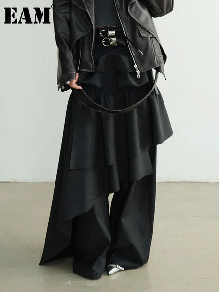 High Elastic Waist Black Pleated Ruffles Long Wide Leg Pants Trousers Women Tide Spring Autumn 1DH8255