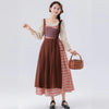 Ladies' Temperement Pastoral Style Fresh Patchwork Long Sleeve A-line Skirt Plaid And Flower Splicing High Waist U-neck Dress