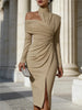 Women's White Off Shoulder Asymmetric Bodycon Dresses Autumn High Collar Cutout Long Sleeve Ruched Slit Slim Midi Dress