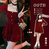 Women's Slim Fit A-line Velvet Dress Christmas Clothes Square Collar Long-sleeved Red Sweet Girl Autumn Winter