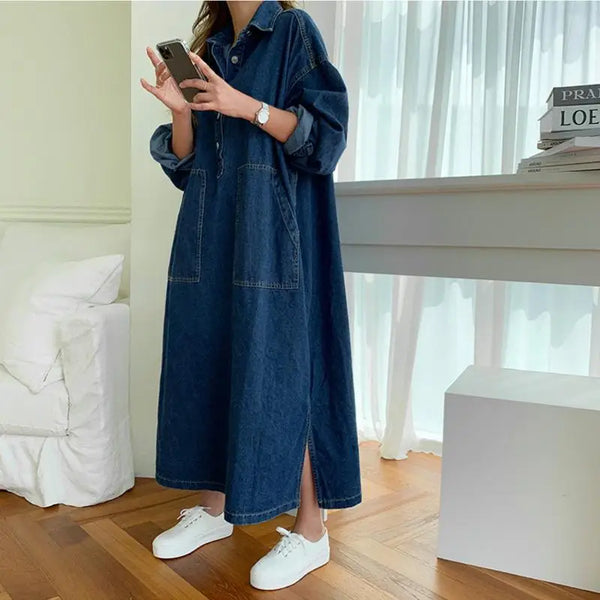 Korean Style Women's Dark Blue Solid Color Spliced Long Sleeve Turn-down Collar Loose Ankle Length Jean Dress