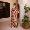 Spring Women's Casual Art Maxi Dress Colorful Patchwork Half Sleeves Shirt Collar Belted Waist Maxi Dress
