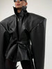 Broad Shoulders Lace up Leather Jacket Lady Zipper Solid Color Long Sleeve Loose Casual Coats Street Women's Jackets