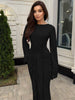 Autumn Elegant O-Neck Long Flare Sleeve Ruched Slim Fit Ribbon Long Dress Women'S Solid Casual Party Club Outfit