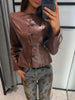 Women's Crocodile Embossed Short Jacket Round Neck Long Sleeve Single Breasted Coat Vintage Y2K Streetwear Autumn Casual Outfit