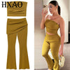 Olive Green Slim Pant Sets Women's Two Pieces Set Crop Off Shoulder Ruffled Tube Top Outfits Mid Waist Flares Trousers Sets